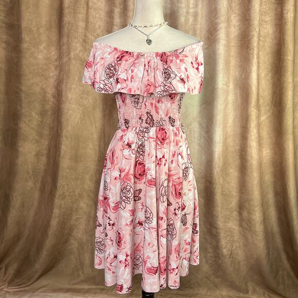 Not Listed Dresses & Skirts - Y2K Ruffled Dress Midi Smocked Top Floral Rose Butterfly Pink Fairy Folk Spring